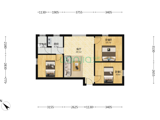 连发18巷 3室1厅1卫 68平方
