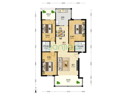 鸿梅花园 3室2厅2卫 105平方