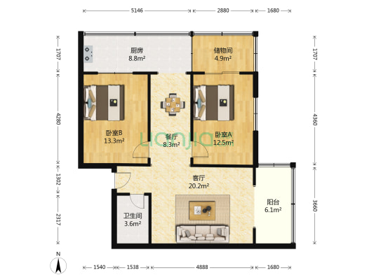 设计院宿舍 2室2厅1卫 84平方