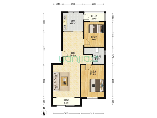 紫云盛家 2室1厅1卫 88平方