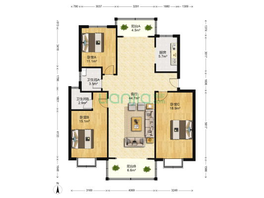 星港湾花园 3室1厅2卫 136平方