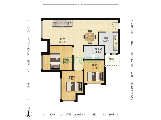 人和·甲第 3室1厅1卫 80平方