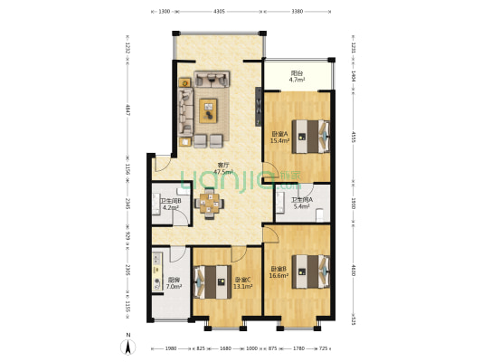 桂湖河畔一期 3室1厅2卫 127平方