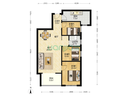 融创御湖宸院二期融禧园 3室1厅1卫 92平方