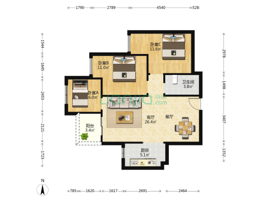 绿洲美景 3室1厅1卫 83平方