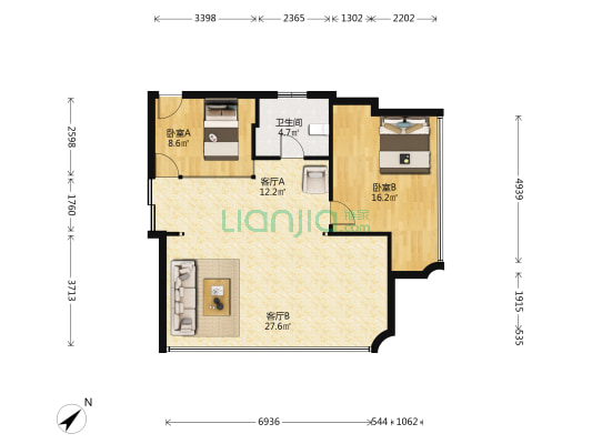 金源世界中心 2室2厅1卫 117平方