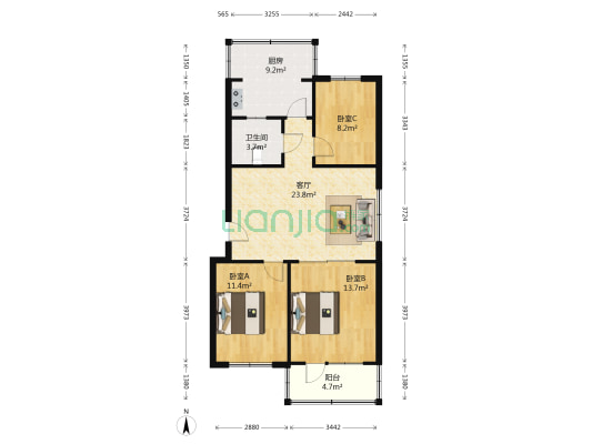 府城南大街64号院 3室1厅1卫 94平方