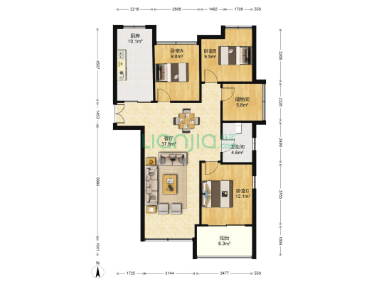 麓园 3室1厅1卫 103平方