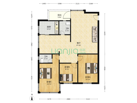 南坛路 3室1厅2卫 116平方
