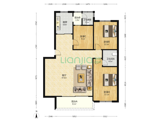 濠头商住小区 3室1厅2卫 129平方