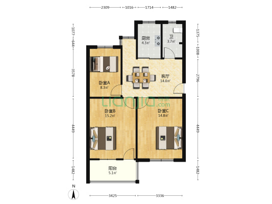 宁海南路24号 3室1厅1卫 86平方