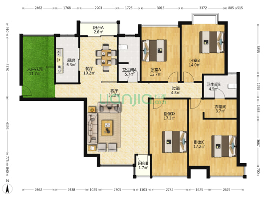 蓝山郡 4室2厅2卫 167平方