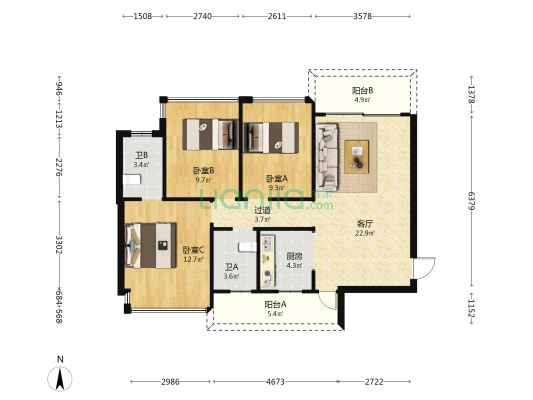 诚丰荔园 3室1厅2卫 99平方