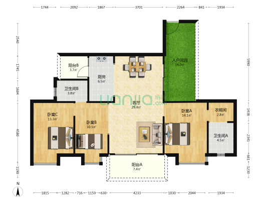 海珠湖景峰 3室1厅2卫 133平方