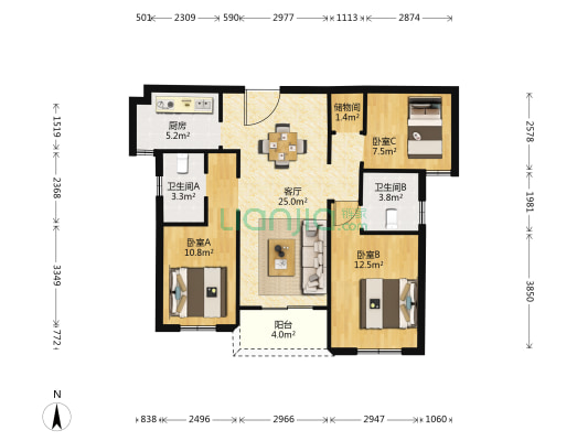 吕家岸锦园 3室1厅2卫 103平方