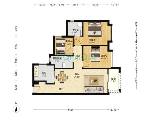 中海熙园 3室1厅2卫 89平方
