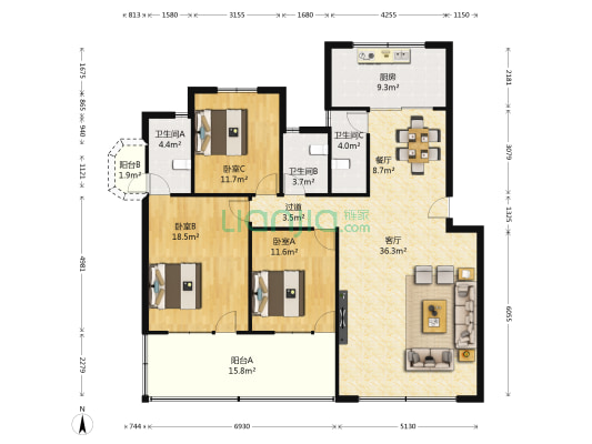 交警大队宿舍宿舍 3室2厅3卫 136平方