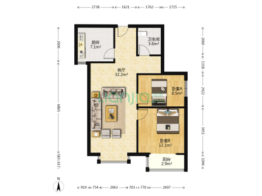 御湖湾 2室1厅1卫 92平方