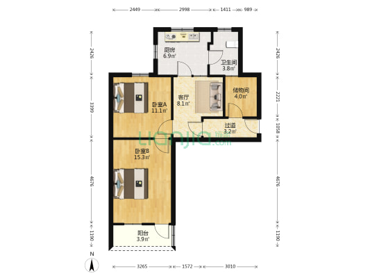 地区机关宿舍 2室1厅1卫 69平方