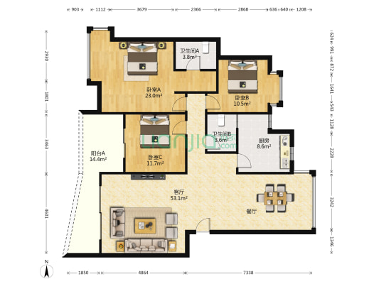 益利名门花园 3室1厅2卫 143平方