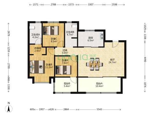 铂悦天汇西区 3室1厅2卫 119平方