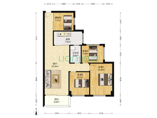 太东星河丹堤天睿北区 3室1厅1卫 91平方