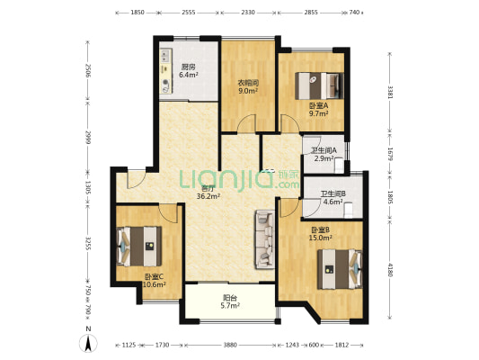 中海寰宇天下西区 3室1厅2卫 118平方