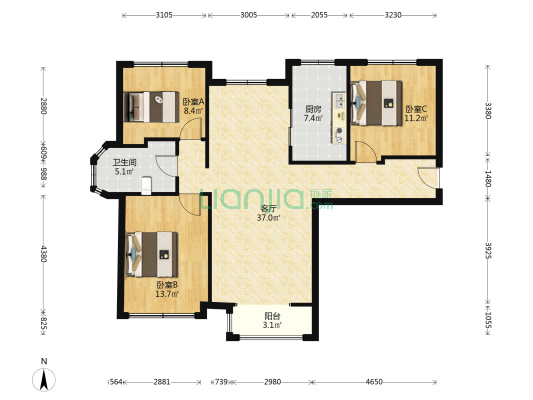 小区环境优美，人车分流，南北通透三居室带装修-户型图