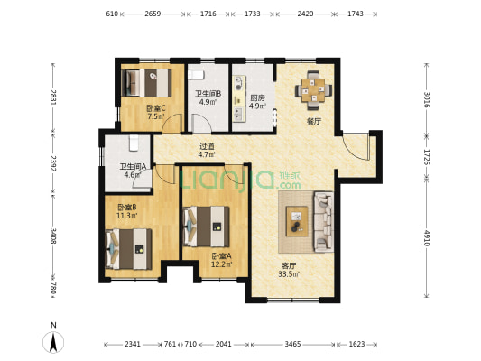 融创澜山壹號 3室1厅2卫 122平方