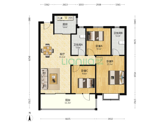 鼓悦蘭园 3室1厅2卫 125平方