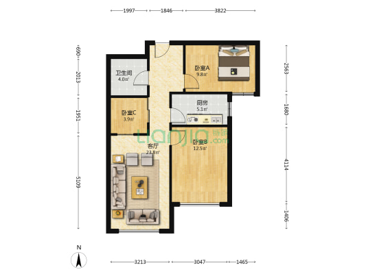 狮子城两居室   楼位置好   精装修-户型图