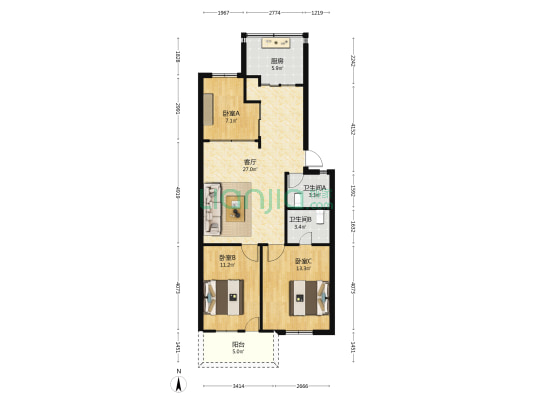 电建西苑 3室1厅2卫 87平方