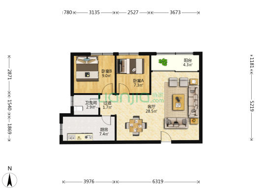 深大电话公寓 2室1厅1卫 93平方