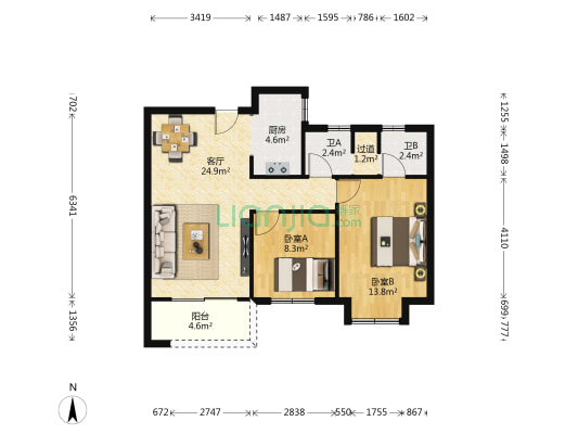 绿地瓦萨公馆 2室1厅2卫 84平方