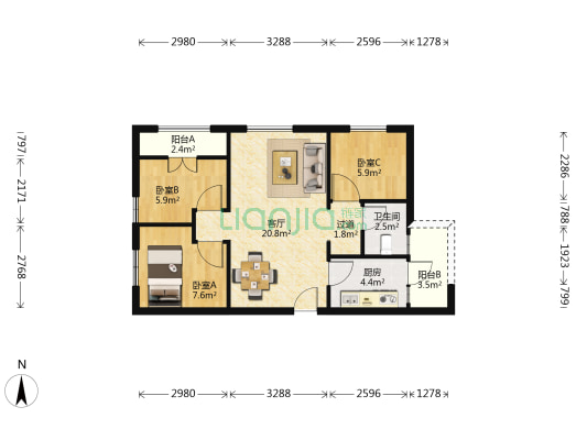兰亭小时代 3室1厅1卫 77平方