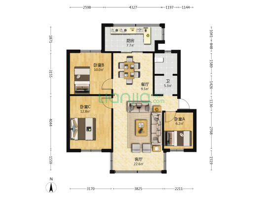 云南省设计院职工宿舍 3室2厅1卫 74平方