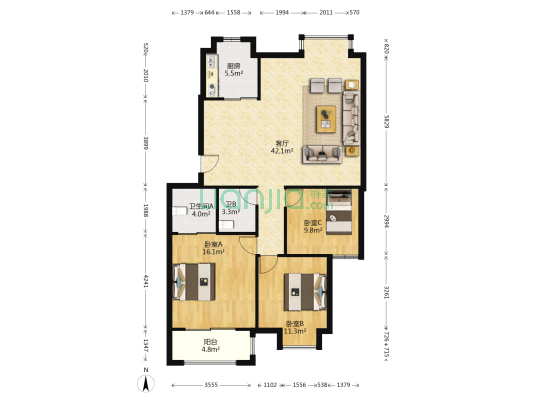 华康公寓 3室1厅2卫 111平方