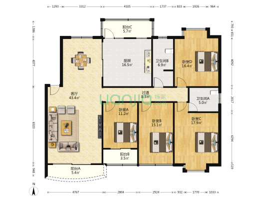 丁香家园 4室1厅2卫 169平方