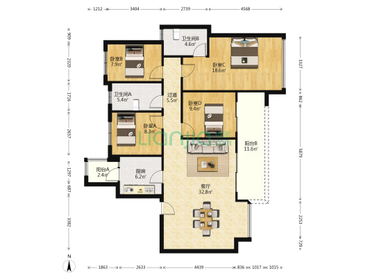 远洋朗基香汇 4室1厅2卫 138平方