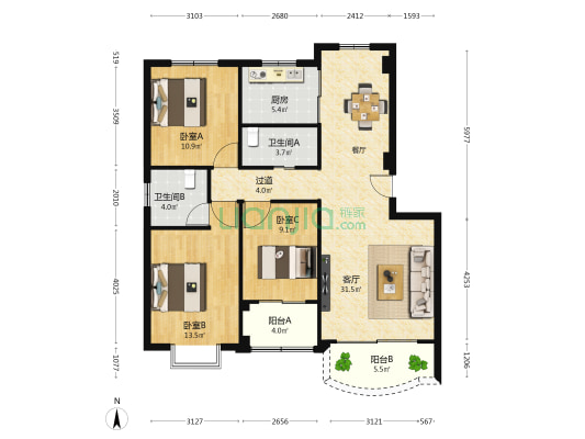 沧海苑 3室1厅2卫 109平方