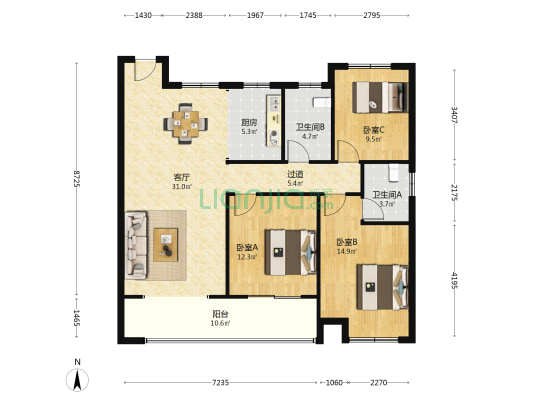 东台荣润麒麟府 3室1厅2卫 124平方