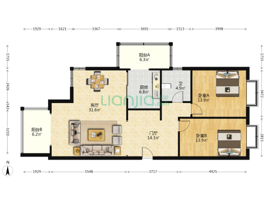 上实浪琴水岸 2室1厅1卫 140平方