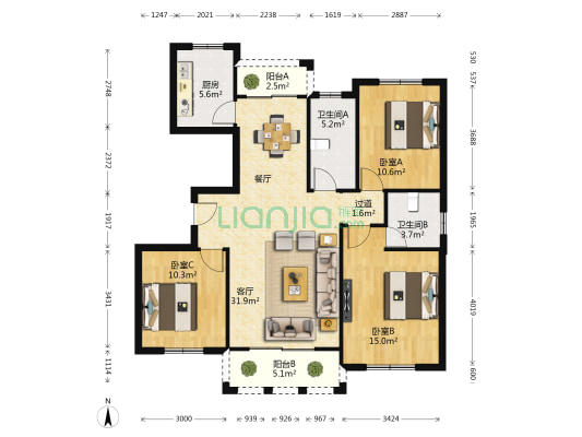 凤凰花园四期 3室1厅2卫 123平方
