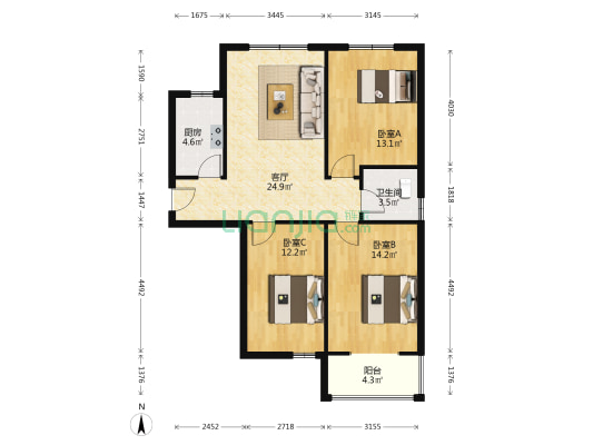 水岸花城明厨明卫南北通透毛坯三居-户型图