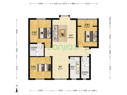 仁和苑 3室2厅2卫 107平方
