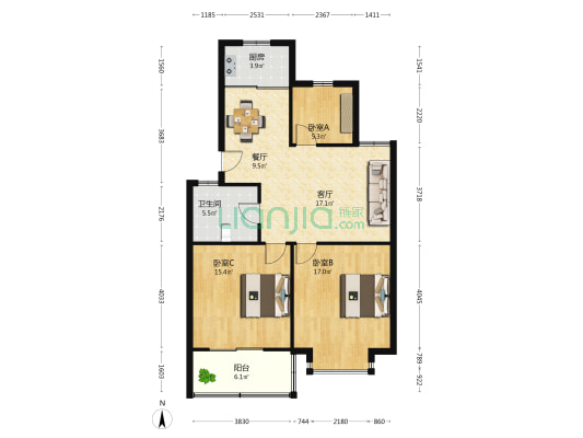 圆梦天地 3室2厅1卫 95平方