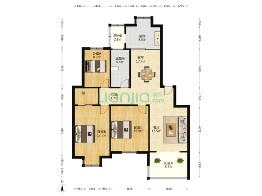 城市花园 3室2厅1卫 124平方