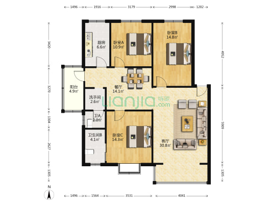 雅泰家园 3室2厅3卫 124平方