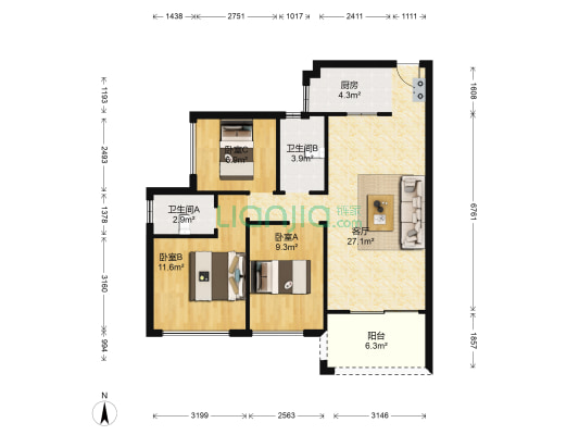 东方玫瑰园 3室1厅2卫 89平方