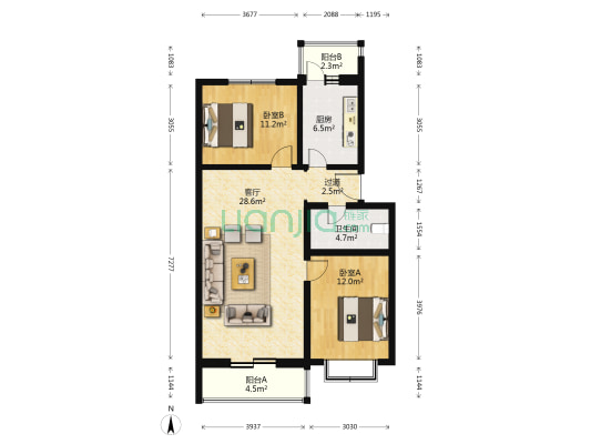 运河园 2室1厅1卫 95平方